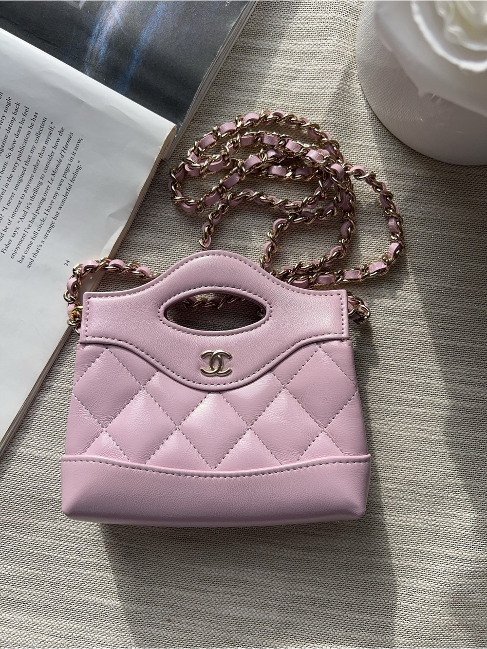 Chanel Lambskin Quilted Micro 31 Clutch With Chain Light Purple